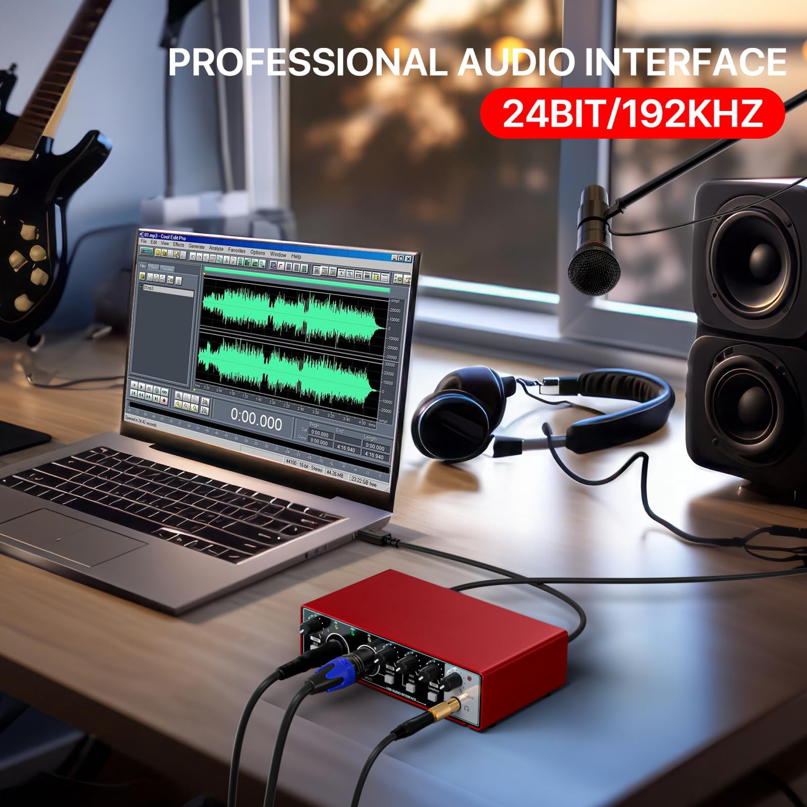 Yunnyp USB Audio Interface 24Bit/192kHz High-Resolution Sound Card for Music Recording, Studio, Guitar, Podcast, Streaming, Compatible with PC and Mac, Metallic Red