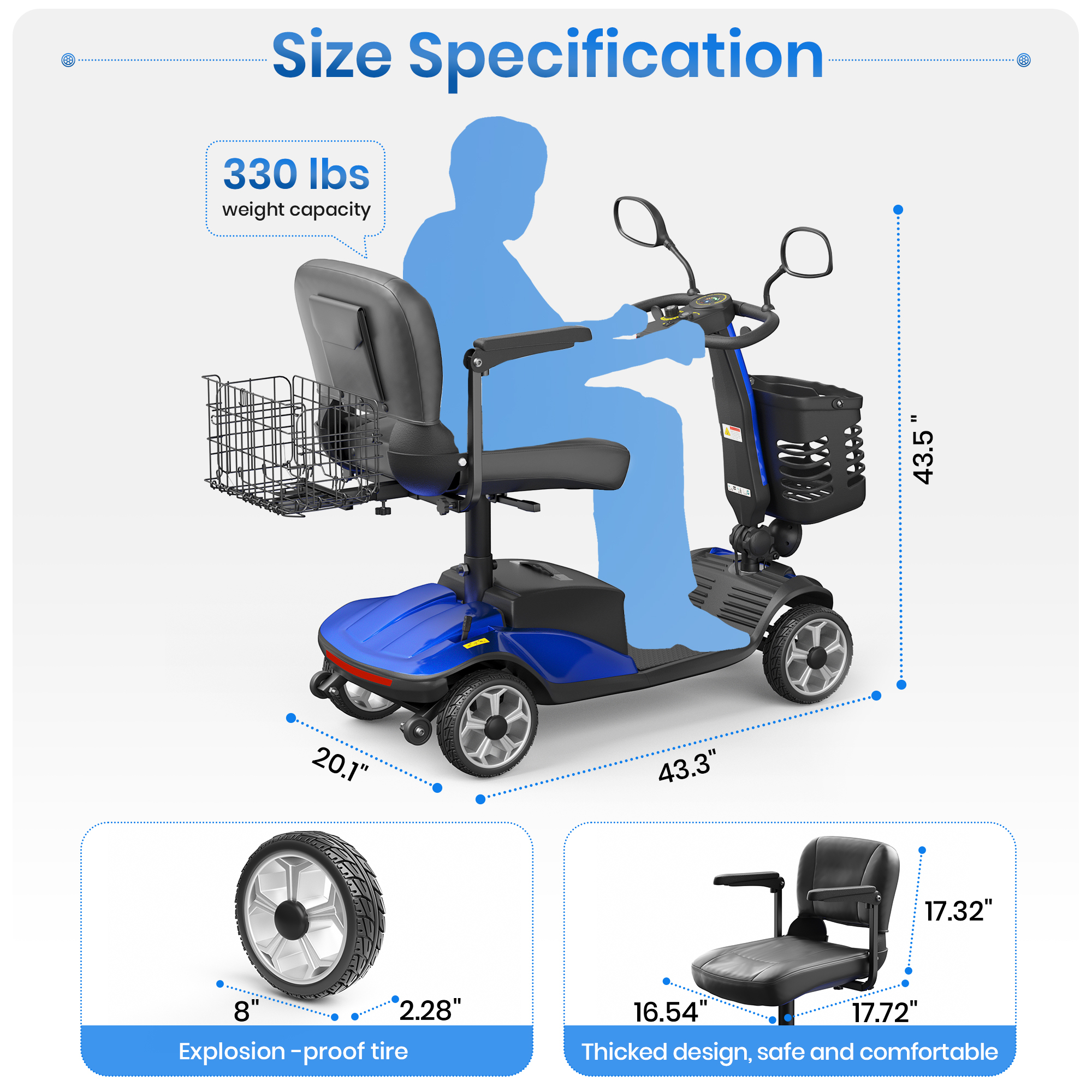 SACVON Upgrade 4 Wheel Mobility Scooter for Seniors, Foldable Powered Mobile Wheelchair for Adult 330lbs, Blue - image 5 of 10