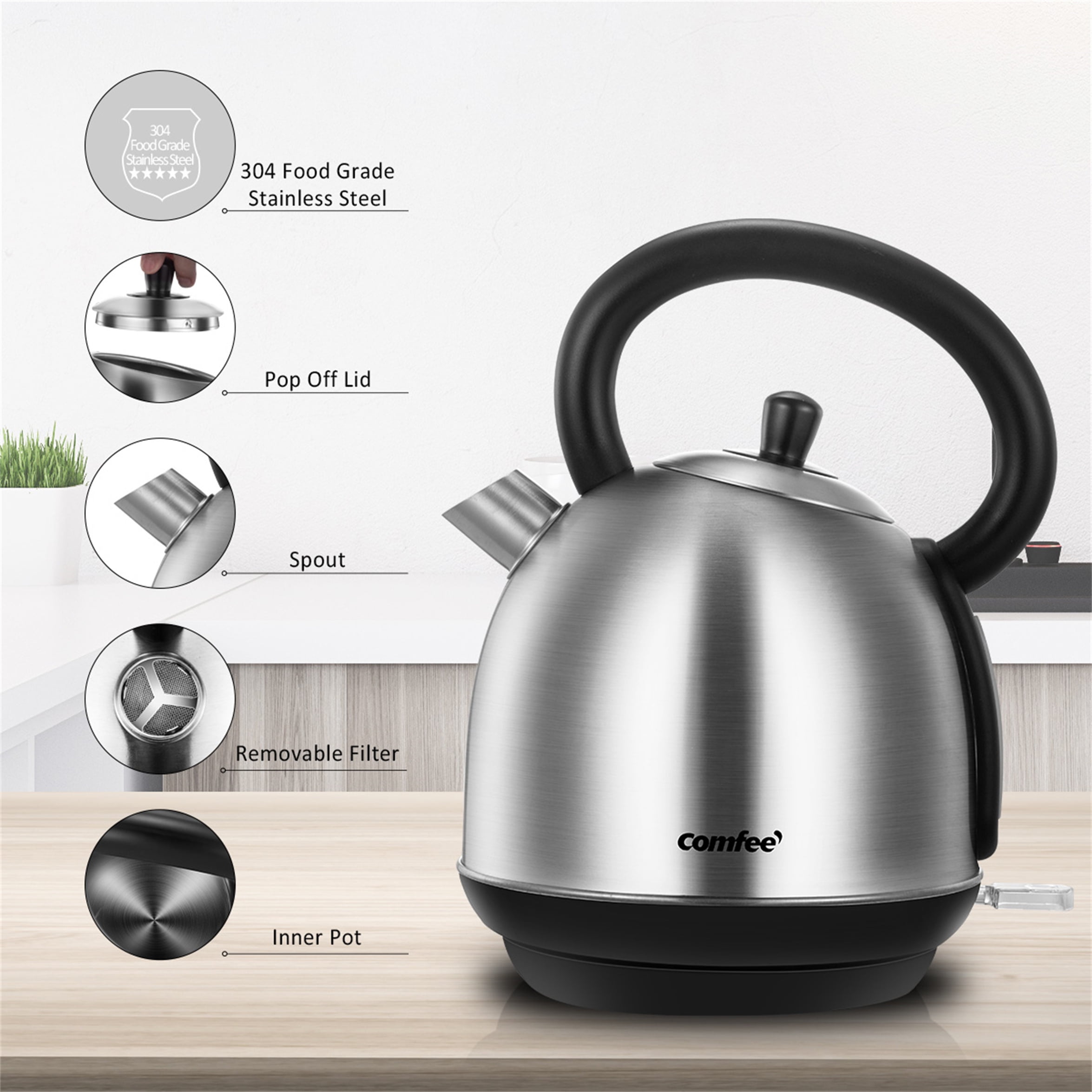  Electric Kettle, Glass Kettle With Stainless Steel Filter,  Inner Lid And Bottom, 1550W 1.7 L, Fast And Quiet Boil, Auto Shut-Off And  Boil-Dry Protection, Cordless: Home & Kitchen