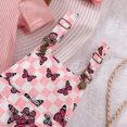 thumbnail image 2 of kaprioy Toddler Baby Girls Summer Outfits 2T 3T 4T 5T Short Sleeve Solid Color Ribbed Top and Butterfly Printed Overall Shorts 2 Pcs Suspenders Suit, 2 of 5