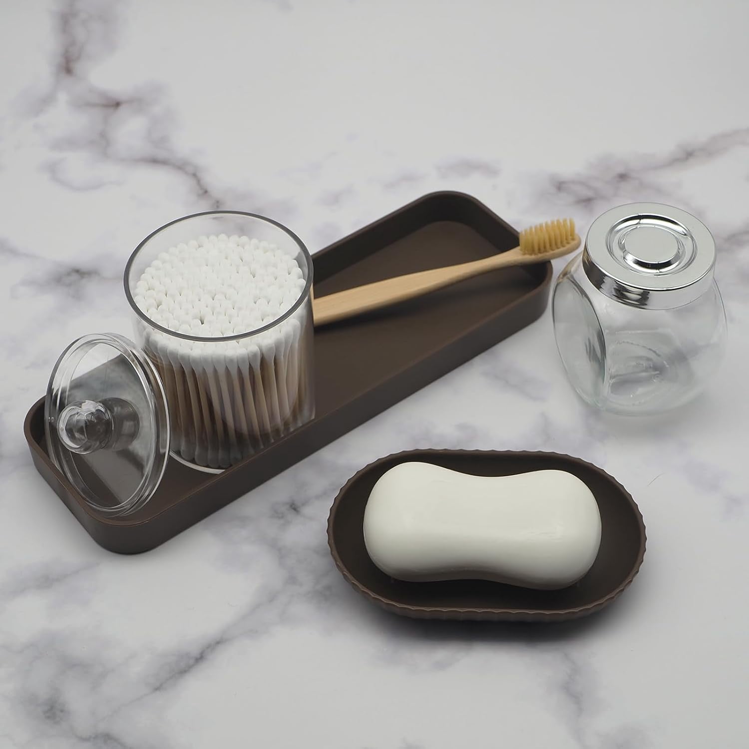 Bathroom Accessory Set - 10 Piece Brown Bathroom Accessories Set with Trash Can, Toothbrush Holder and Cup, Soap Dispenser, Soap Dish, Toilet Brush Holder, Vanity Tray, Qtip Holder, Tissue Box Cover