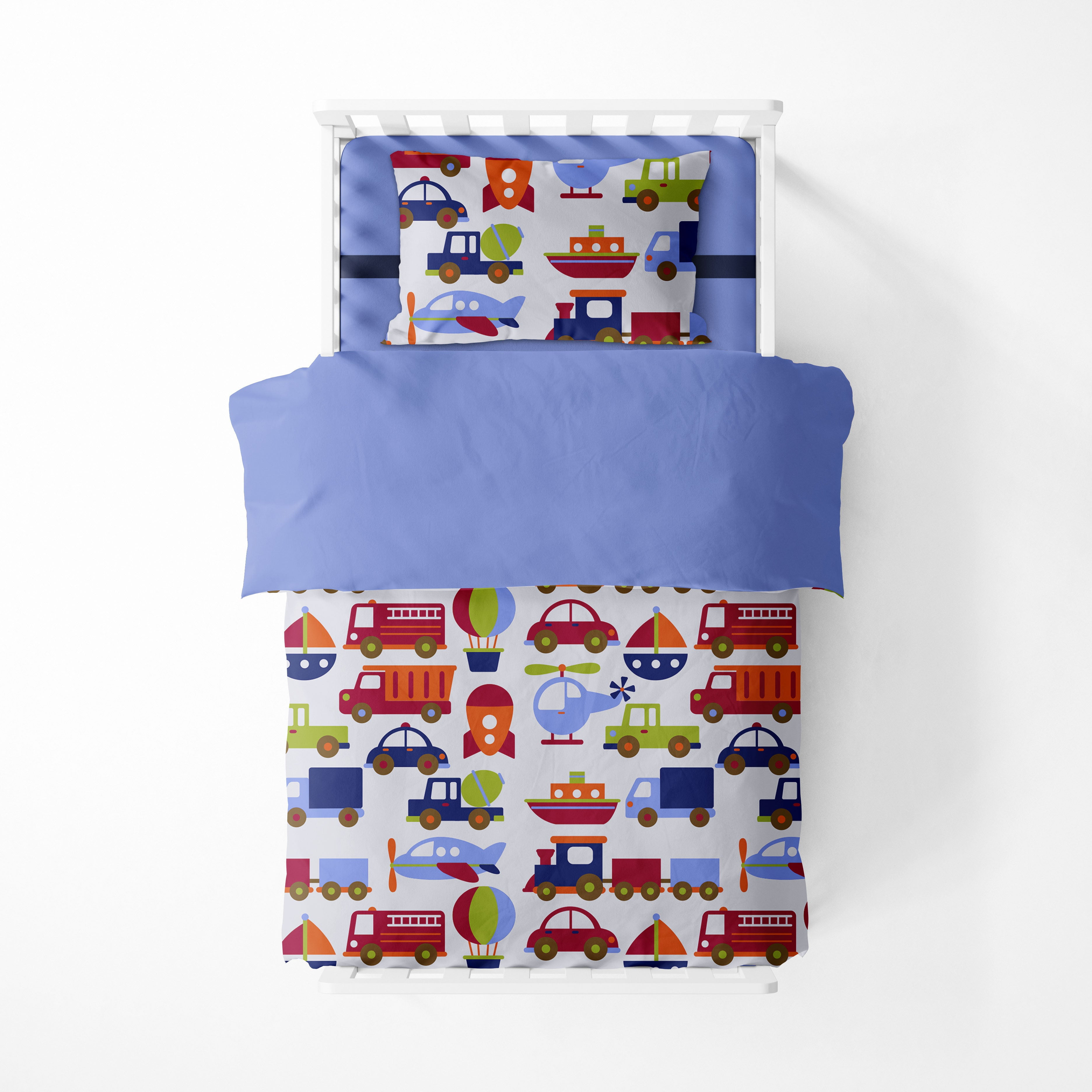 Bacati - Boys 4 pc Toddler Bedding/3 pc Sheet Set 100% Cotton Percale, Transportation Blue/Navy/Orange/Red/Green