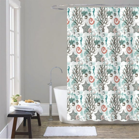 Serafina Home Coastal Sea Life Seahorse, Coral And Starfish Fabric Shower Curtain 72" x 70"