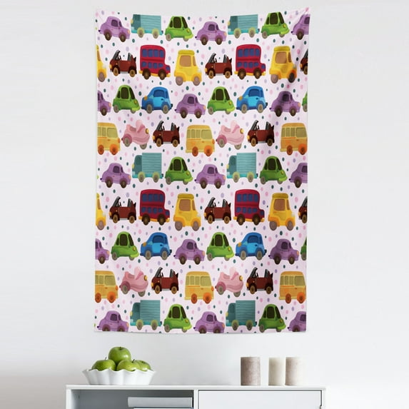 Cars Tapestry, Cartoon Style Vehicles Double Deckers Vans Roadsters Boy Design, Fabric Wall Hanging Decor for Bedroom Living Room Dorm, 5 Sizes, Multicolor, by Ambesonne