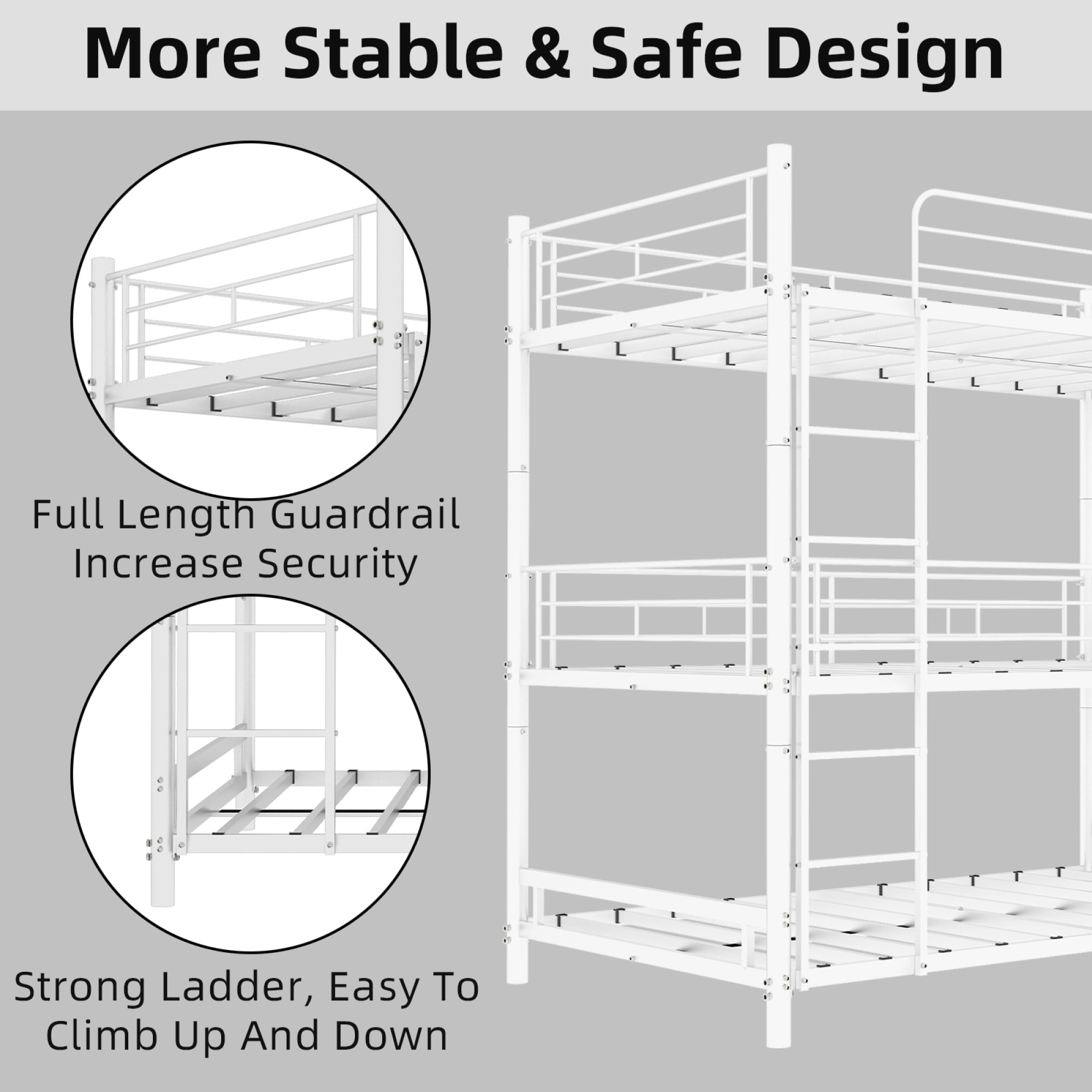 Metal Triple Bunk Bed, Twin Over Twin Over Twin Heavy Duty Bunkbeds with Full-Length Guardrail Family-Friendly for All Ages, Bedroom, No Box Spring Needed, Easy Assembly