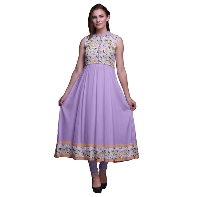 Bimba Kurti Longue Indienne à Fleurs Light Purple2 pour Femmes, Tenue de Fête, Imprimée, Sans Manches, Robe Anarkali Kurti, Très Grande