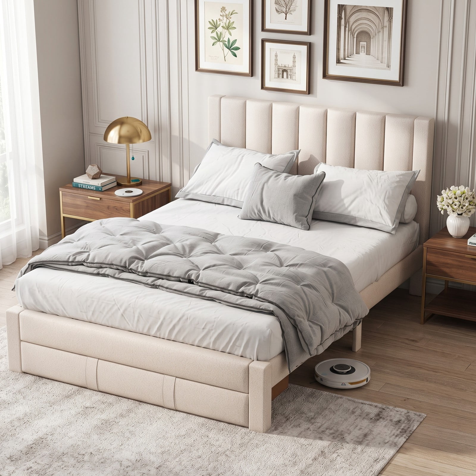 Furnibear Queen Size Bed Frame with Storage, Upholstered Platform Bed Frame with Wingback Headboard and Drawer, Queen Bed Frame No Box Spring, Beige