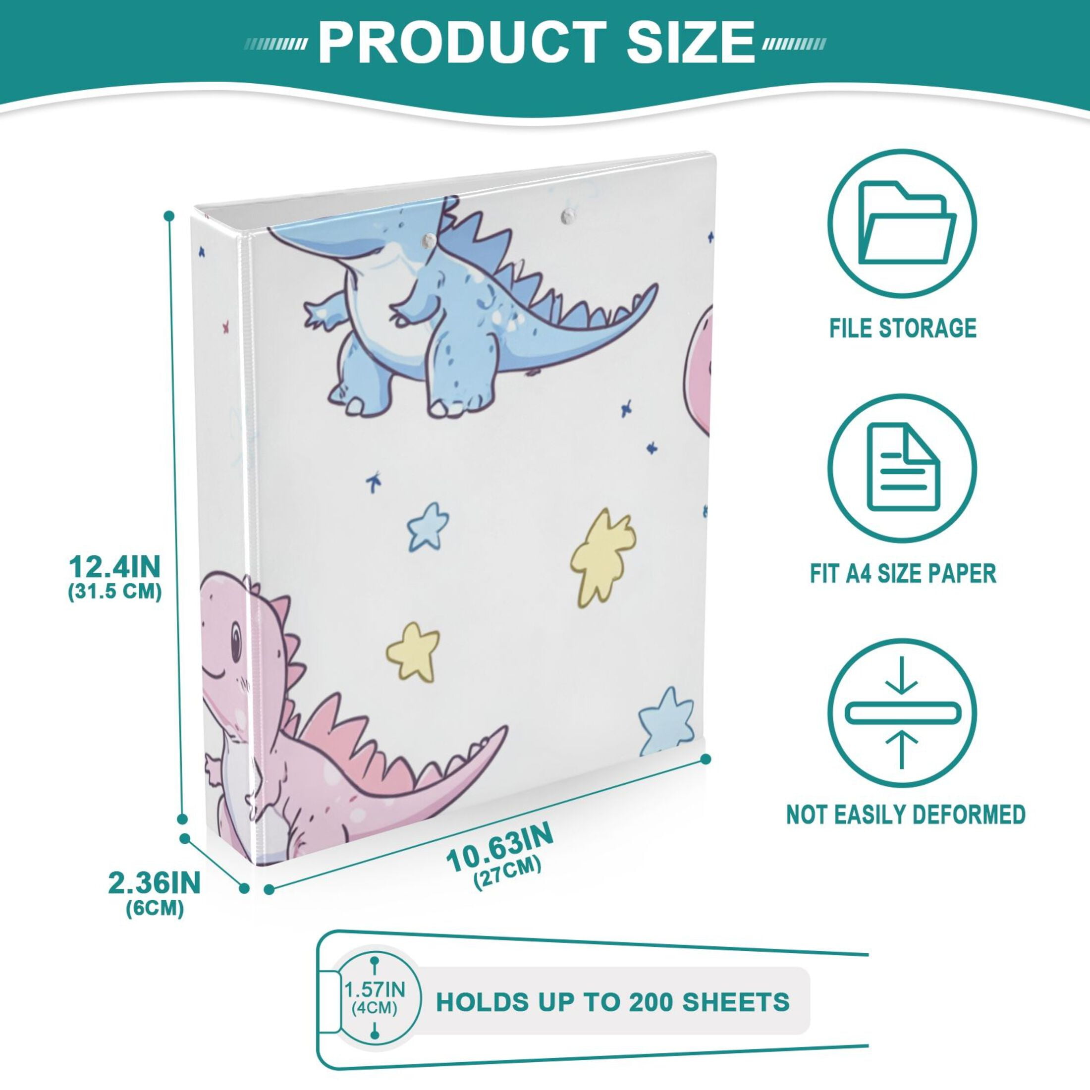 Colorful Cartoon Dinosaurs 3 Ring Binders 1.5 inch Hardcover File Folders with Interior Pockets A4 Size Organizer for School Office Hospital