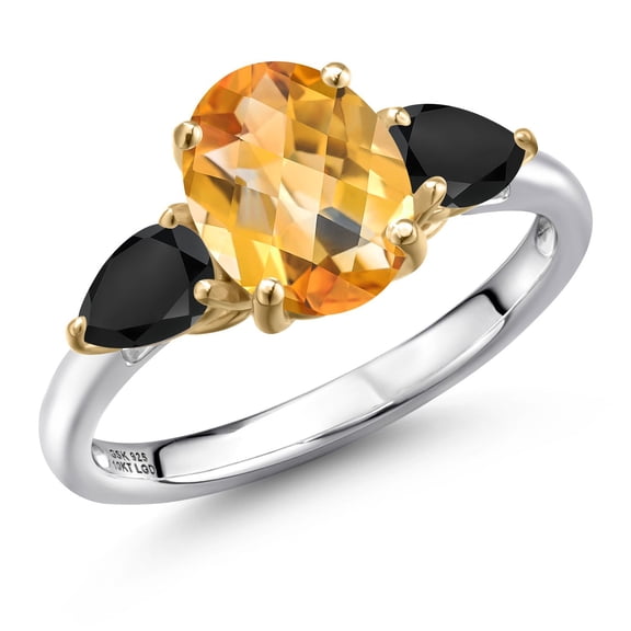 Gem Stone King 925 Silver and 10K Yellow Gold Yellow Citrine and Black Onyx Engagement Ring for Women | 2.41 Cttw | Oval Checkerboard 9X7MM | Gemstone November Birthstone | Size 6