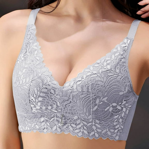 Crunowin Embroidery Bra for Women and Senior, Adjustable Strap Lace Bralette Breathable Wirefree Bra Gray 38/85C