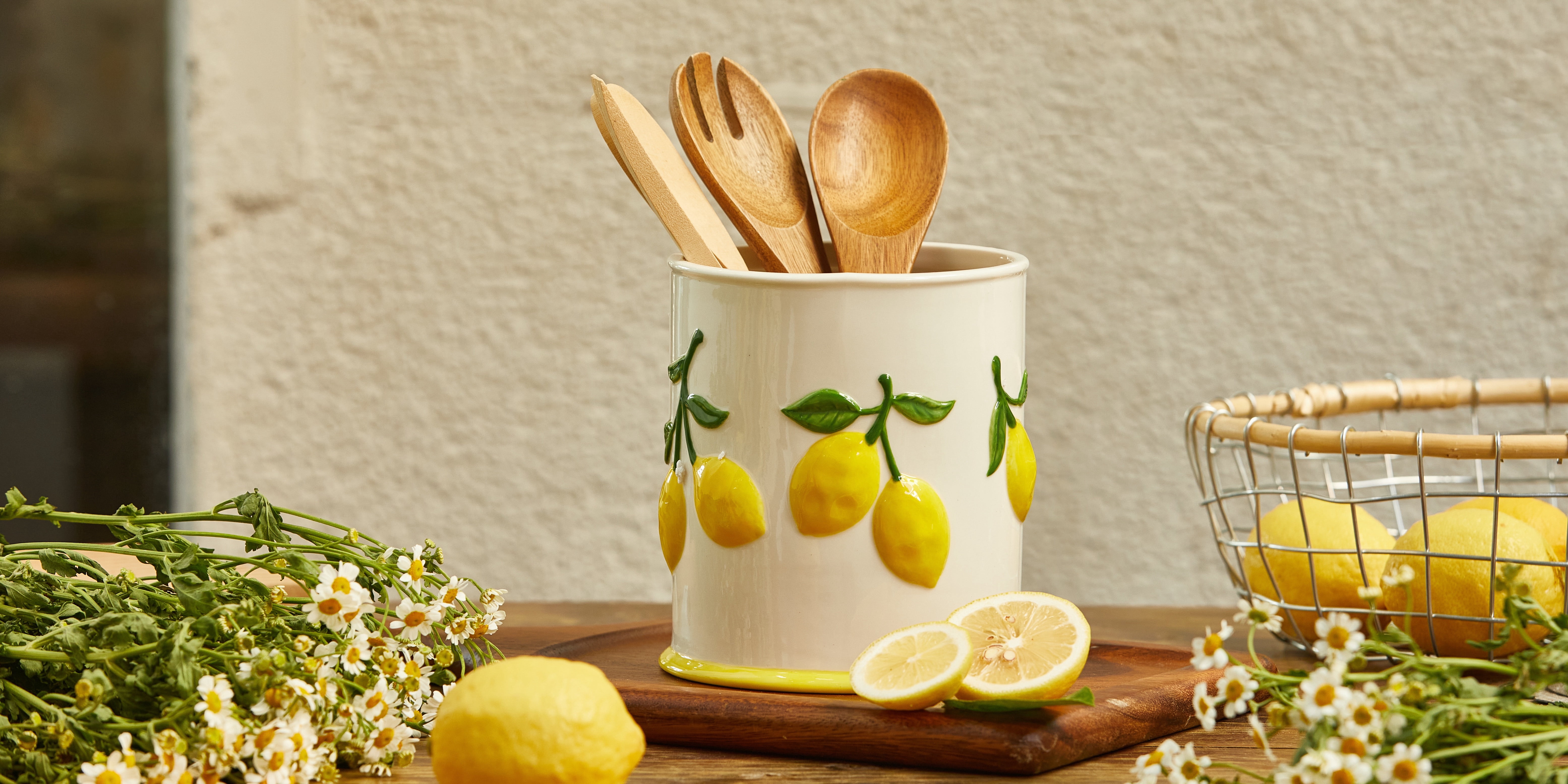 Bico Lemon Handpainted Stoneware 6 inch Utensil Holder, Dishwasher Safe, for holding Cooking Spatula, Utensil