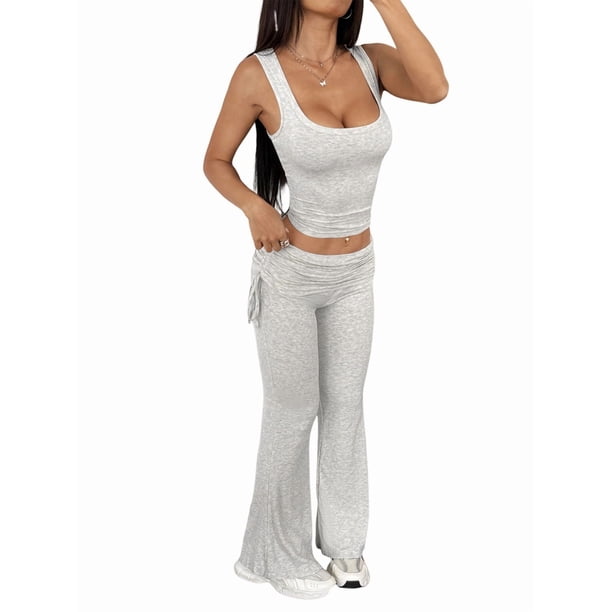 Conjuntos de 2 Piezas para Mujer, Conjuntos de Estar por Casa, Camisetas Sin Mangas, Pantalones Anchos y Chándales Flores Blancas y Grises L