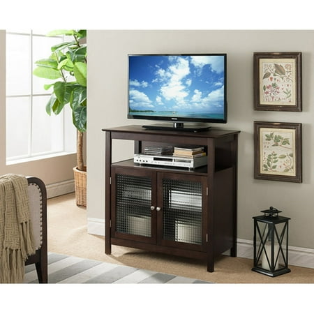 K Amp B Furniture 32 In Walnut Tv Stand With 2 Glass Doors And