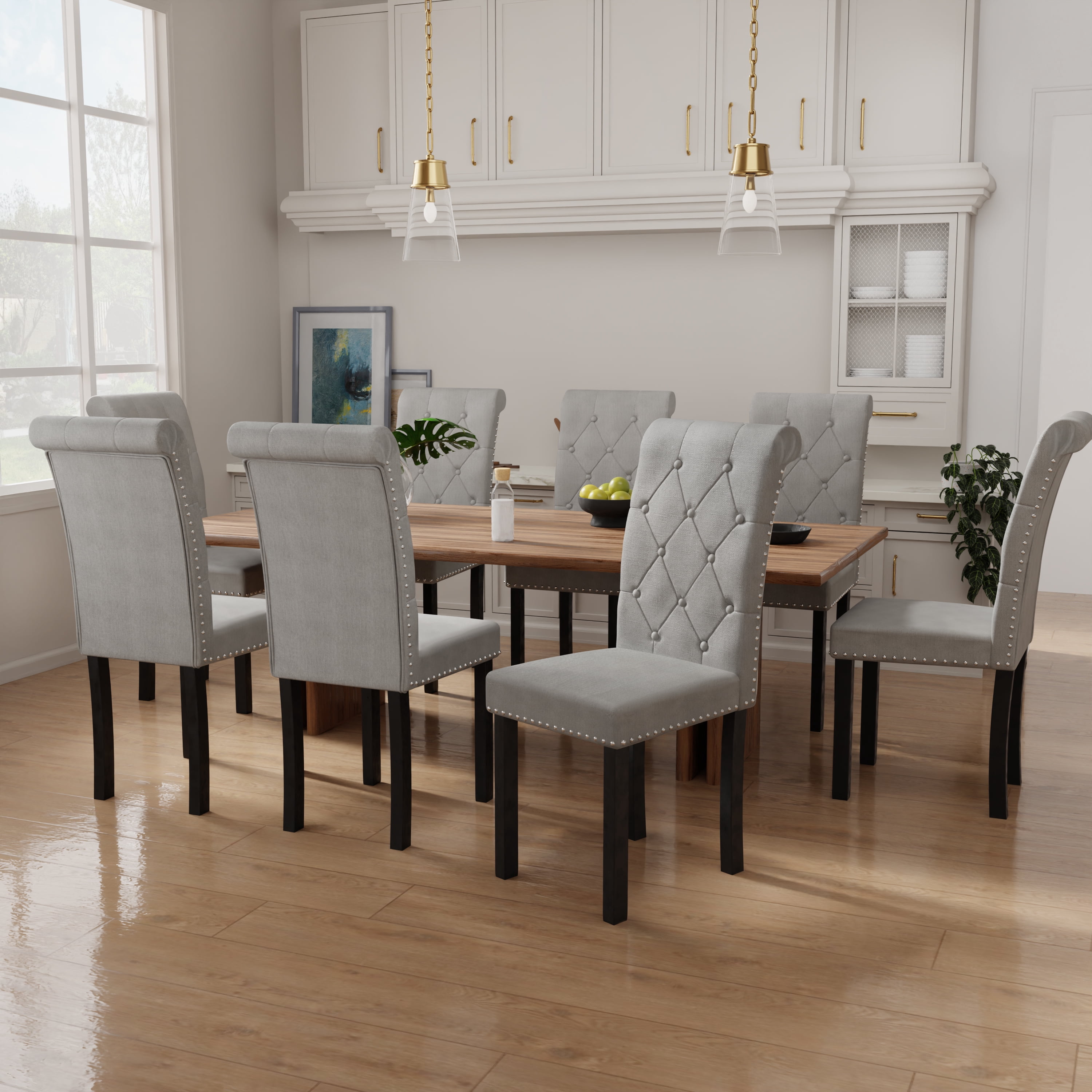 DONICK Rolled-Up High-Back Upholstered Dining Chairs With Tufted Solid Wood Legs Nailhead Trim For Home,Restaurant,Dining Room(Gray,Set of 6)