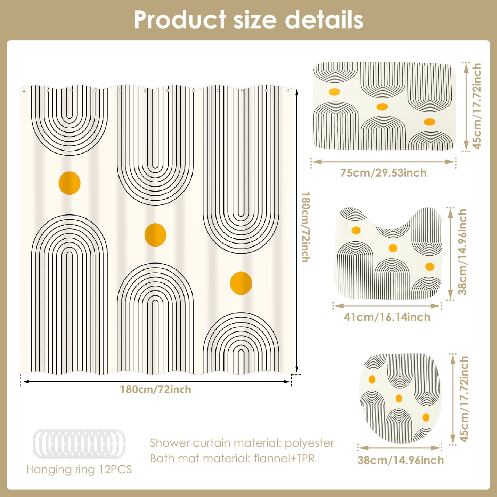 Dznils Boho Fabric Shower Curtains and Bath Rug Set, Modern Bathroom Curtain Sets, Beige, 72" x 72"