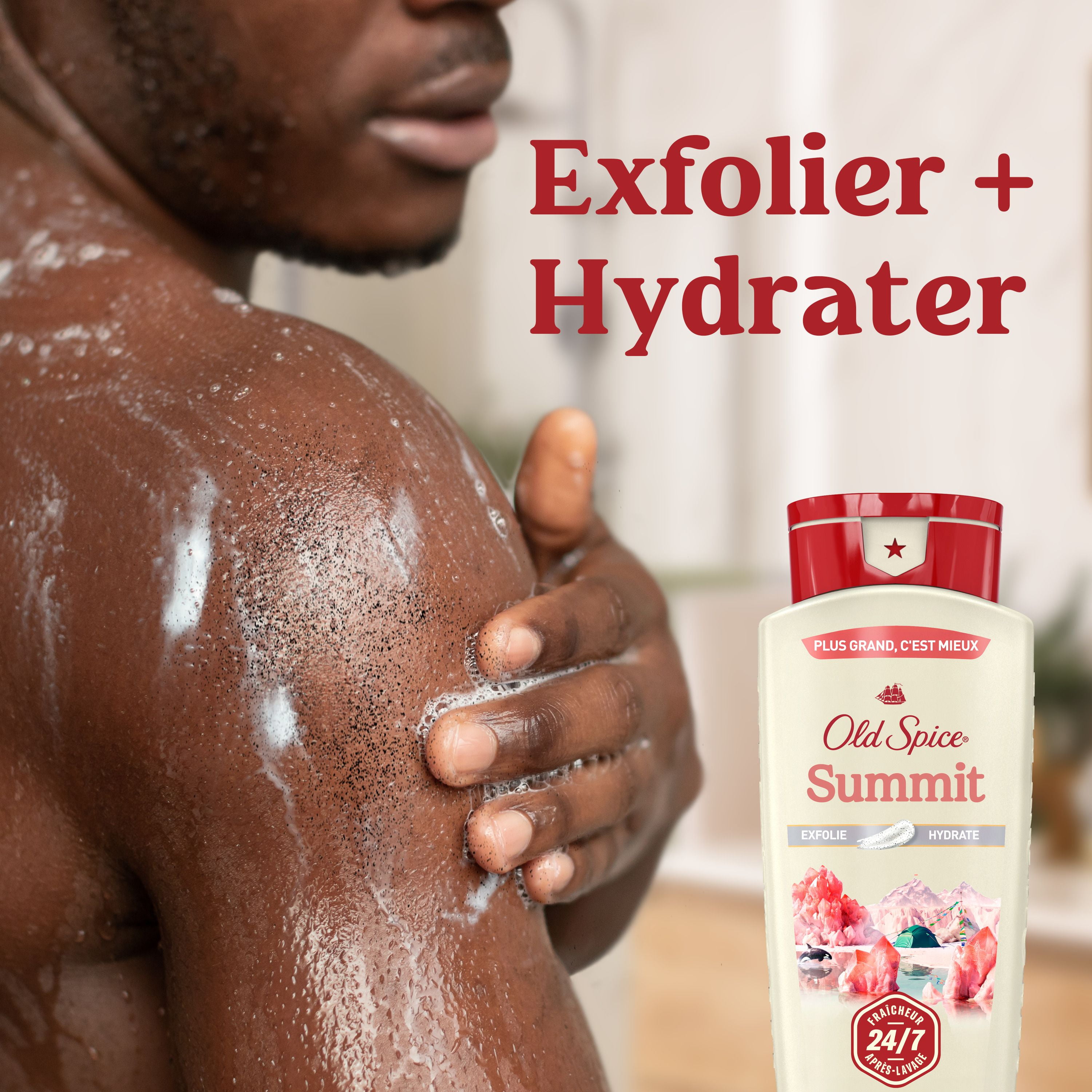 Nettoyant pour le corps pour hommes Old Spice, parfum Summit, fraîcheur après-lavage 24 heures sur 24, 7 jours sur 7, exfoliation + hydratation 532ML