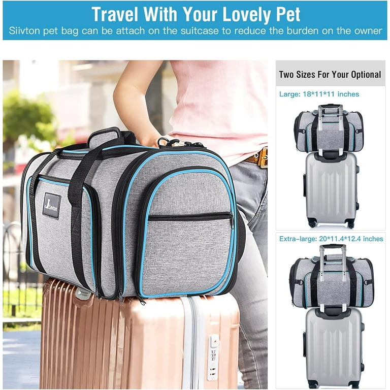 Siivton Airline Approved 4 Way Expandable Soft Sided Pet Carrier with Removable Fleece Pad and Shoulder Strap Blue 15 lb Limit 18 x 11 x 11