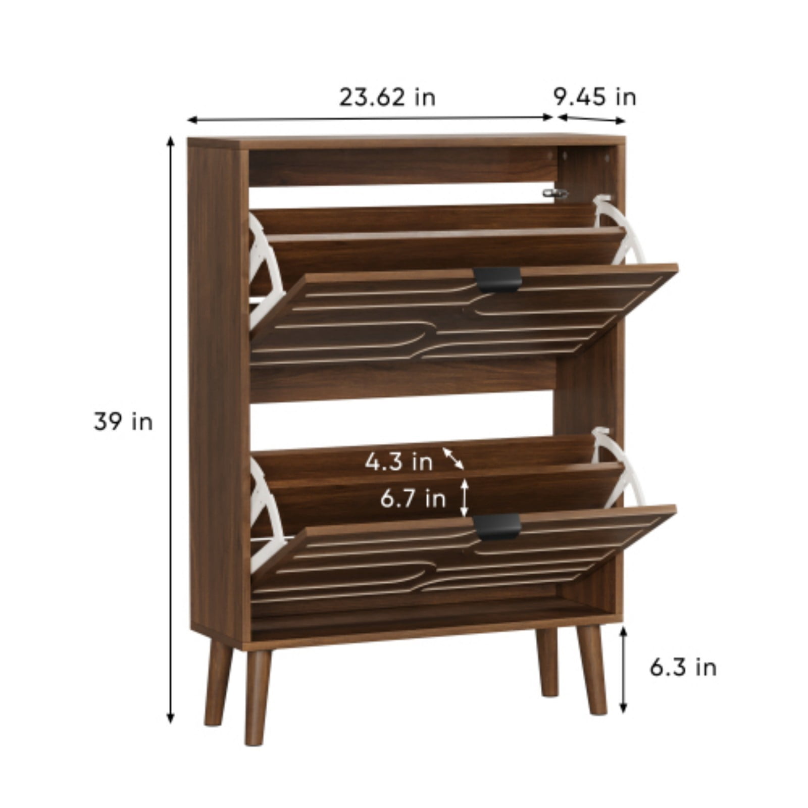 Medieval Modern Shoe Cabinet, 24" Walnut Entryway Shoe Storage Cabinet with 2 Flip Drawers, Slim Freestanding Shoe Organizer for Hallway, Corridor, Entryway