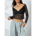 thumbnail image 4 of Musuos Women Crop Lace Tops See-Through Long Sleeve V Neck Basic Shirt Casual Pullover, 4 of 9