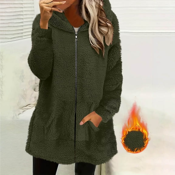 EOYWHK Fuzzy Fleece Jackets for Women Long Cardigan Full Zipper Warm Plush Cozy Overcoats with Hood Pockets