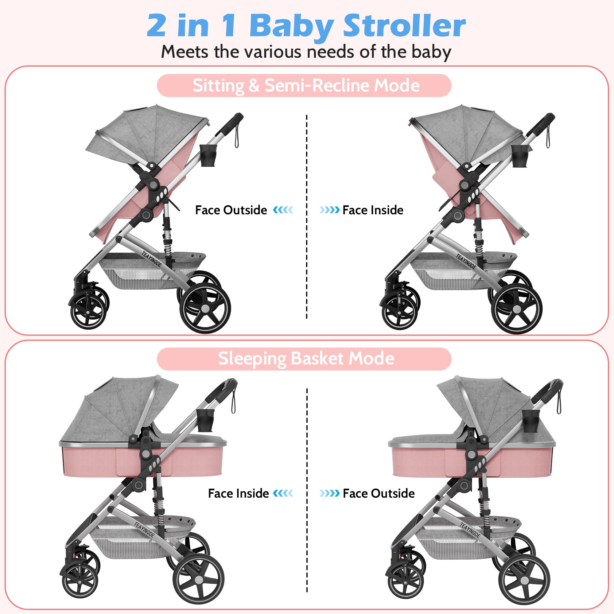 babyeap 2 in 1 Baby Stroller, Foldable Lightweight Carriage Reversible Bassinet Pram for Toddler, Travel Stroller with Cup Holder, Storage Bag, Pink