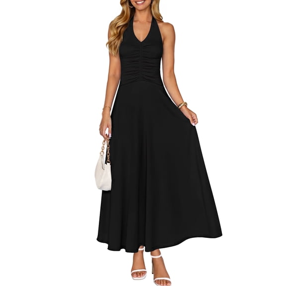 Merokeety Womens Summer Dresses Formal Halter Sleeveless Maxi Dress Black l