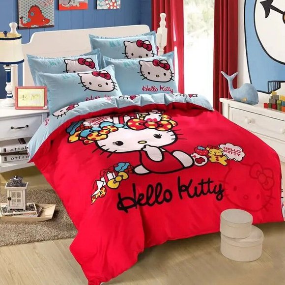 Sanrio Hello Kitty Bedding Four Piece Set Cotton Kitty Cat Queen Size Flat Sheet Duvet Cover Pillowcase Bed Linens Home Textile