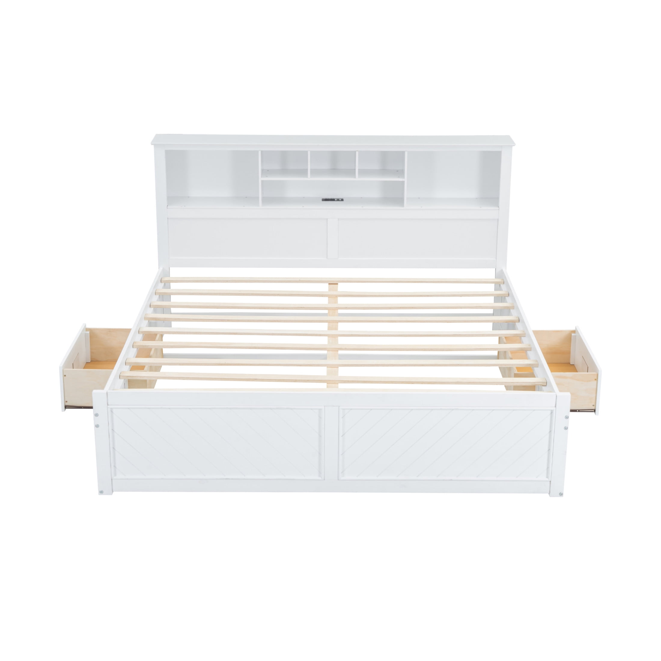 Noble House King Size Wood Platform Bed with 6 Shelf Storage Headboard, USB Ports and Integrated Drawers, White
