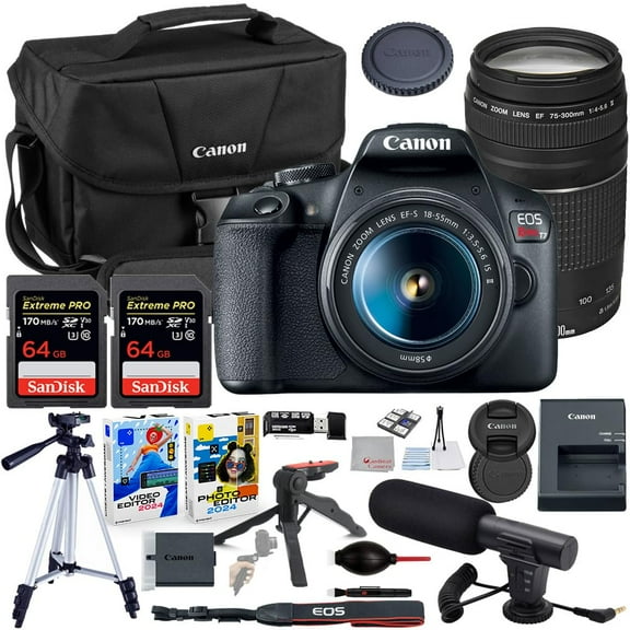 Canon EOS Rebel T7 DSLR Camera with 18-55mm & 75-300mm Lens Bundle with Canon 200ES EOS Shoulder Bag   Microphone   2X 64GB Extreme Memory Cards   Accessory Kit