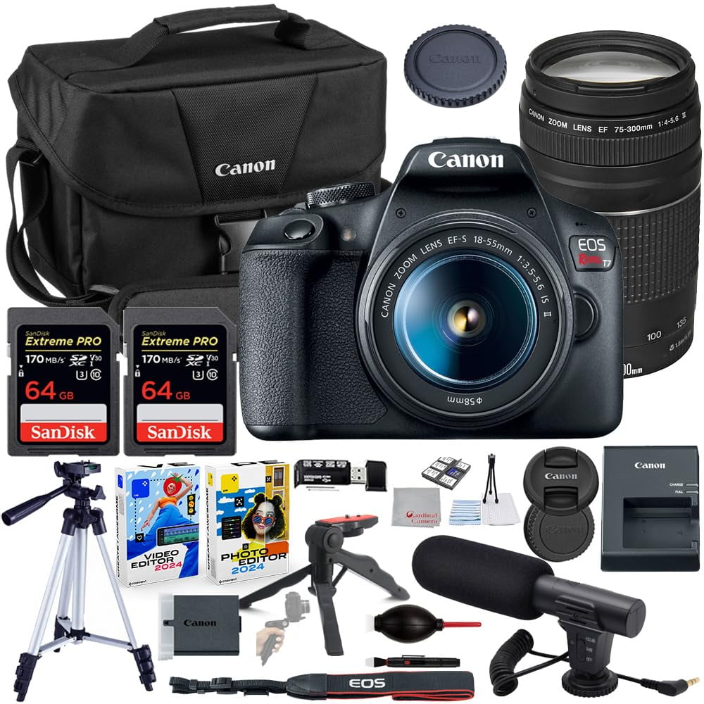 Canon EOS Rebel T7 DSLR Camera with 18-55mm & 75-300mm Lens Bundle with Canon 200ES EOS Shoulder Bag + Microphone + 2X 64GB Extreme Memory Cards + Accessory Kit