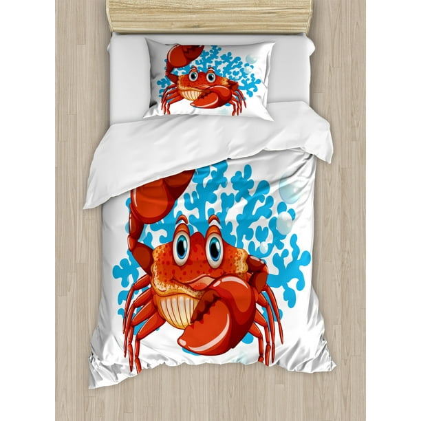 Crabs Duvet Cover Set, Cartoon Style Aquatic Animal with Blue Coral