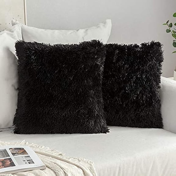 Eryueer Faux Fur Cushion Covers Fluffy Throw Pillow Case Soft Decorative Square Cute Pillow Plush Case For Livingroom Sofa Bedroom 18 x 18 Inch 45 x 45 cm Black Pack of 2