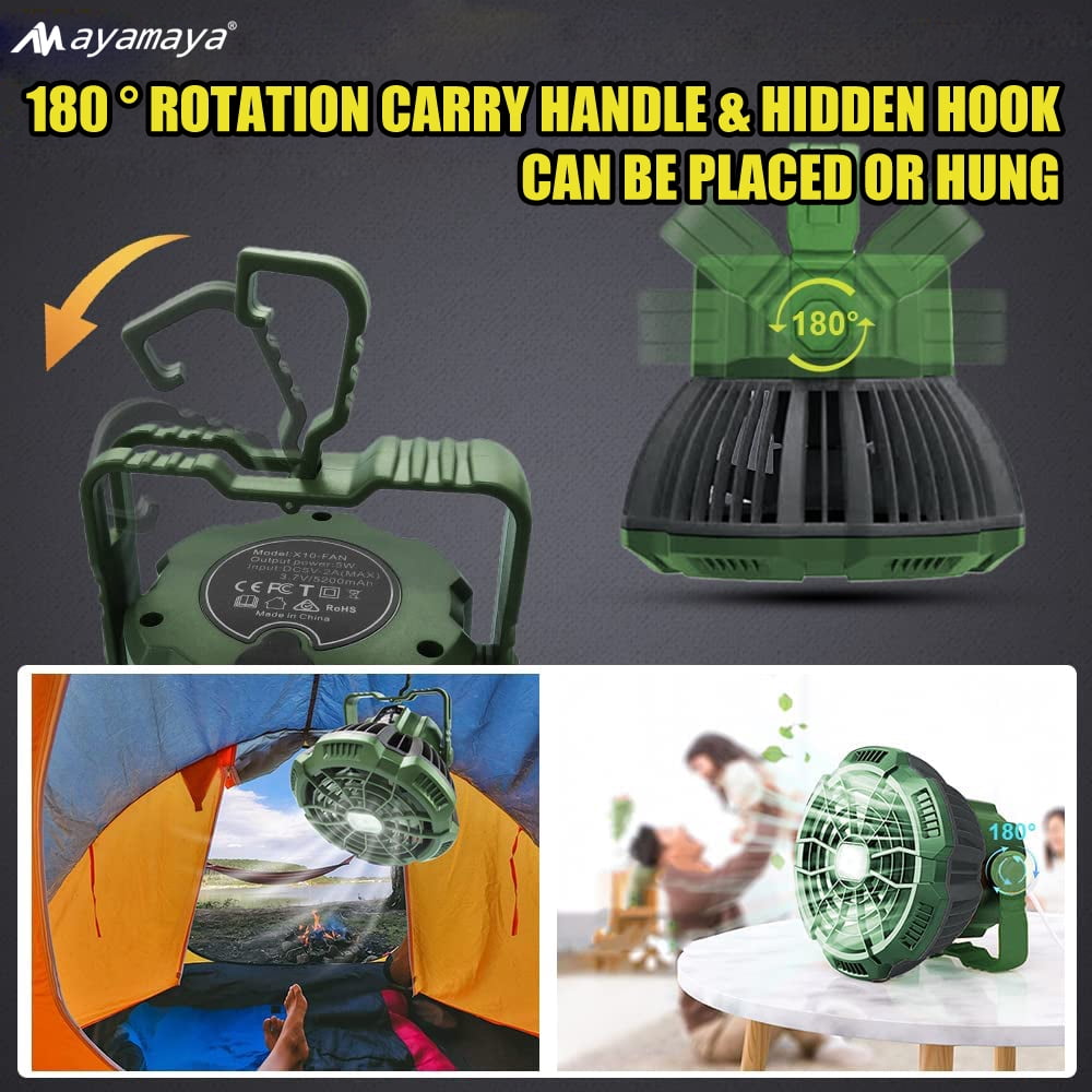 Rechargeable Camping Fan with LED Light & Remote Control, AYAMAYA 7800mAh  Portable USB Lantern Tent Fan for  Car Ceiling Green