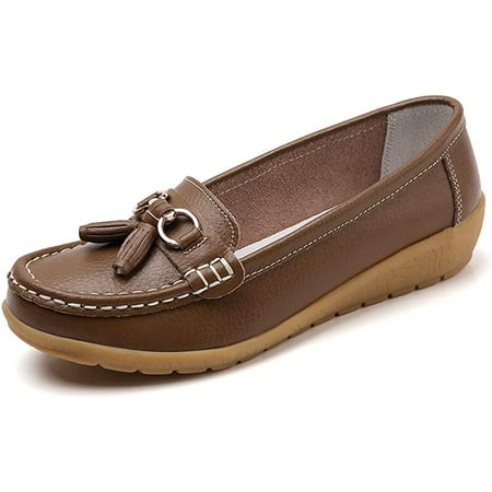 

QWZNDZGR Women Loafers Leather Rubber Sole Slip On Walking Flats Casual Moccasin Boat Shoes