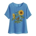 thumbnail image 3 of DDAPJ pyju Sunflower Shirt for Women Boho Summer Tops Cotton Linen Short Sleeve Round Neck T-shirt Lightweight Casual Work Blouses Sales of Today Blue XXL, 3 of 5
