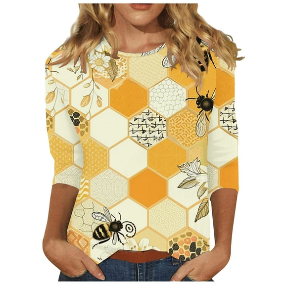 Raeneomay 3/4 Length Sleeve Womens Tops Women's Loose and Casual Printed Round Neck T-Shirt Top