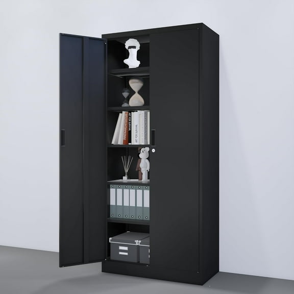 Metal Storage Cabinet 71” with 2 Doors and 5 Adjustable Shelves, Garage Steel Locking Cabinet, Tall Cabinets Lockable File Cabinet for Home, Office, Garage, Gym, School. (Black)