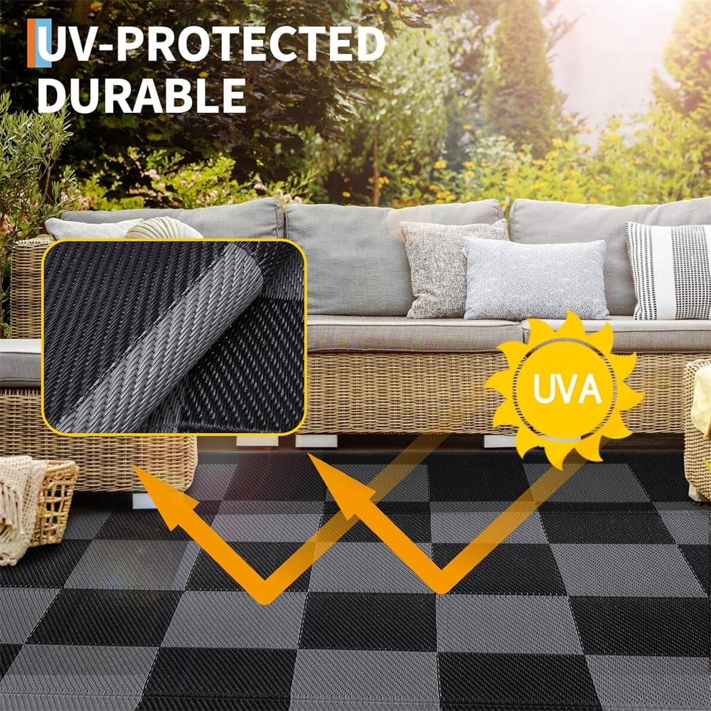 Outdoor Rugs 8x10ft/9x12ft Plaid Reversible Plastic Straw Rugs, Easy Cleaning Checkered Camping Carpet, Lightweight Outside Floor Mat for Picnic, Patio, RV, Porch, Deck, Balcony, Beach
