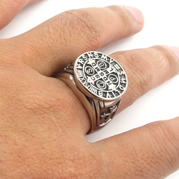 US St Benedict Exorcism Ring Silver Stainless Steel Catholic Roman Cross Demon