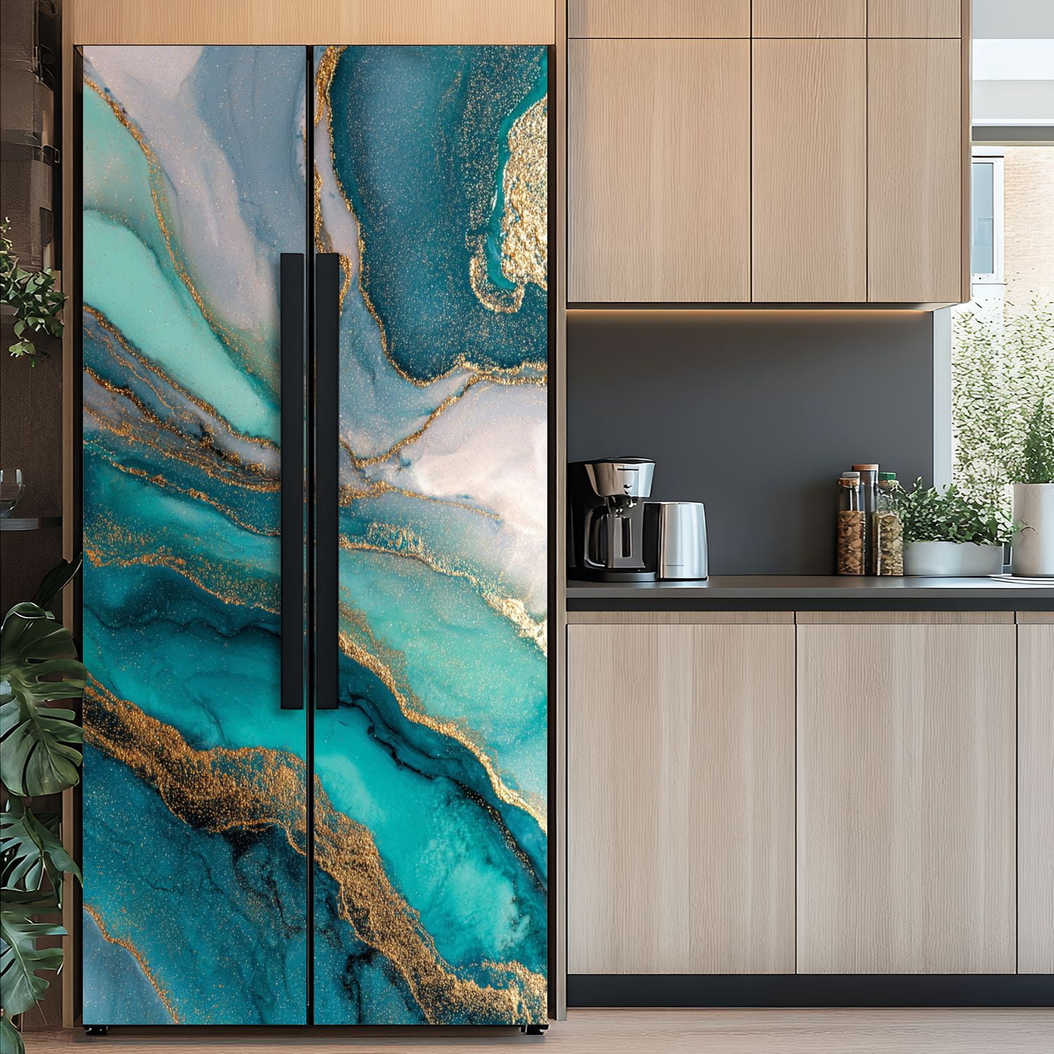 Self Adhesive Vinyl Refrigerator Wrap Set Ocean blue abstract marble liquid ink Door Mural Removable Fridge Sticker Peel and Stick&nbsp;Full Door Cover Decal Kitchen Bar Decor