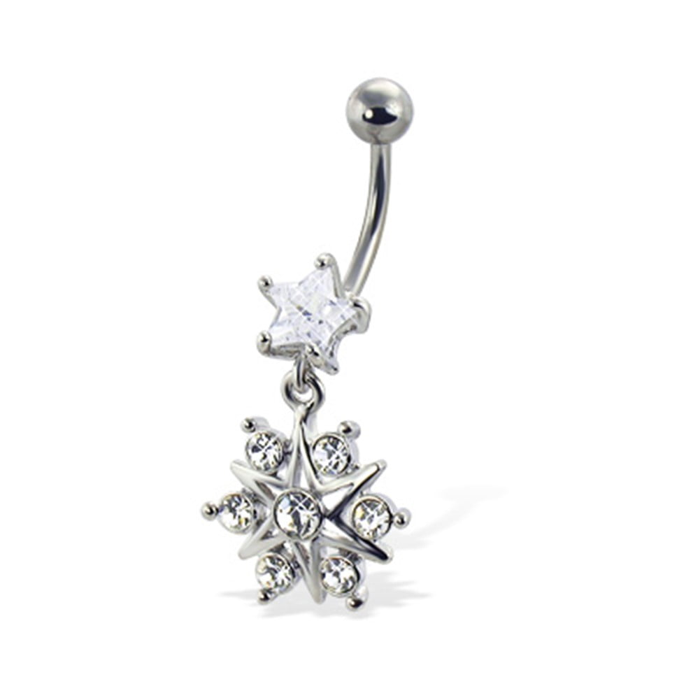 Belly Button Ring With StarShaped Stone And Jeweled Dangling Star