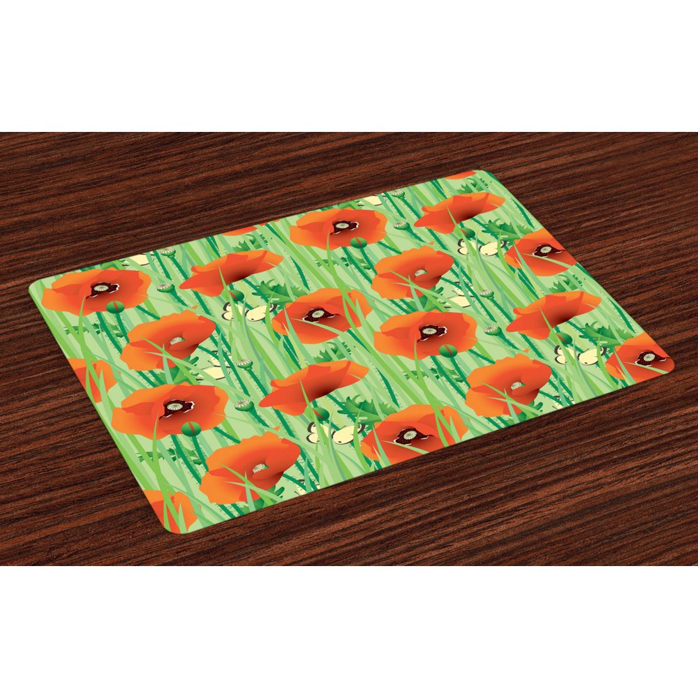 Spring Placemats Set of 4 Scarlet Poppy Flowers Field with Butterflies