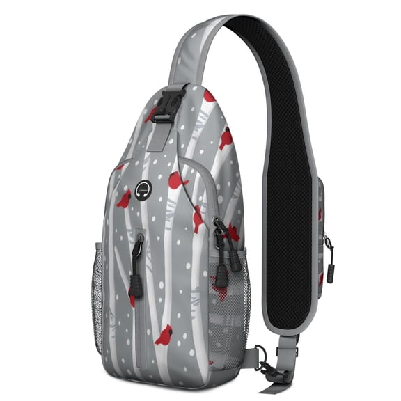 Sling Backpack,Gray Christmas Cardinal Bird Pattern Crossbody Bag with Water Bottle Holder,Waterproof Sling Bag for Men/Women with Chest Phone Holder for Hiking,Travel