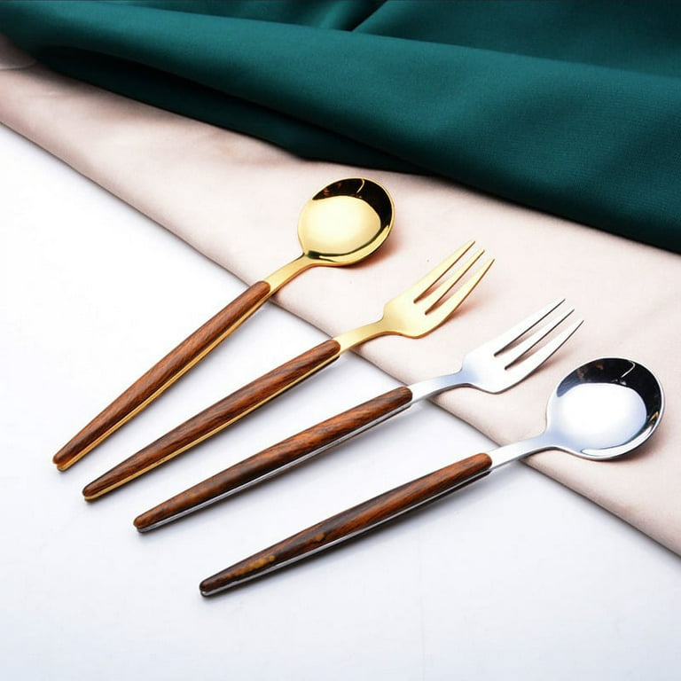 Wood Handle Silverware Flatware,Gold Silver Dinner Spoons, Knife And Fork  Set Fruit Fork Stir Small Spoon Tableware