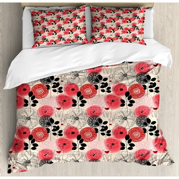 Floral Duvet Cover Set, Modern Abstract Big Circled Abstract Flowers Blossoms and Leaves Art Print, Decorative 3 Piece Bedding Set with 2 Pillow Shams, Queen Size, Pink and Black, by Ambesonne