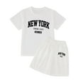 thumbnail image 4 of Kids Toddler Girls Outfit Sets Summer Letter Print Crew Neck Short Sleeve Tshirt Shorts Loose Casual Fashion Two Piece Outwear,White,6-7 Years, 4 of 4