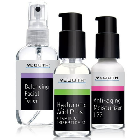 YEOUTH Best Anti Aging 3 Pack Skin Care System by YEOUTH, Professional Grade Hyaluronic Acid Serum, Patented L22 Face Moisturizer, and Balancing Face Toner - Anti Aging Serum Kit - 100% GUARANTEED