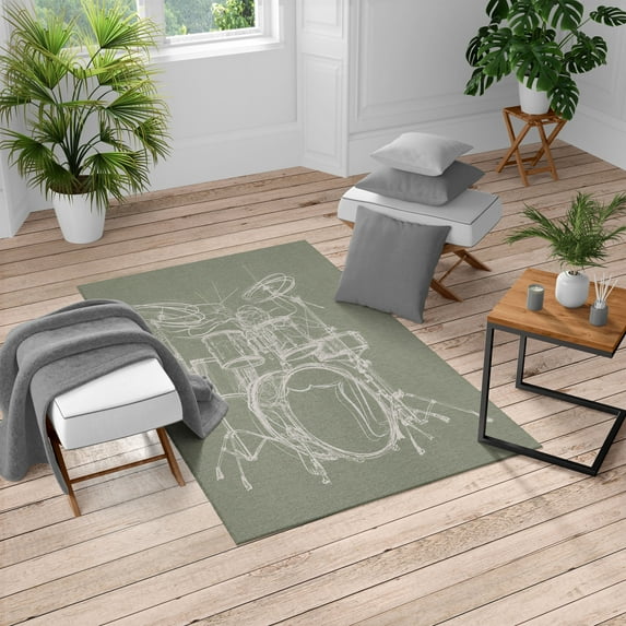 Rock Music Turkish Area Rug, Doodle Drawing Sketch Drummer Musical Inspirations Monochrome Arrangement, Soft Carpet for Living Room Decor with Distressed Look, 5.2' X 7.6', Dark Eggshell, by Ambesonne