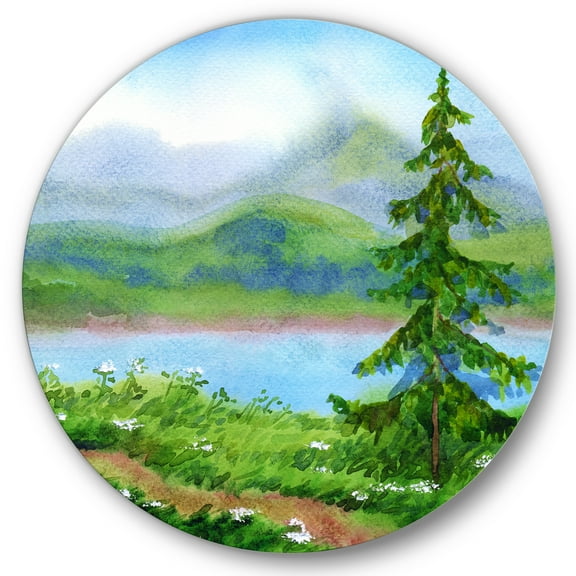 Designart 'Landscape River Spruce Near The Trail On A Hill' Traditional Circle Metal Wall Art 36x36 - Disc of 36