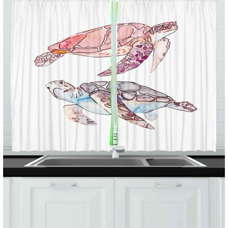 Hand Painted Artwork Set - Turtle Curtains 2 Panels Set, Hand Painted Watercolor Artwork of Two Turtles Pastel Cute Underwater Theme, Window Drapes for Living Room Bedroom, 55W X 39L Inches, Pink Fuchsia Purple, by Ambesonne